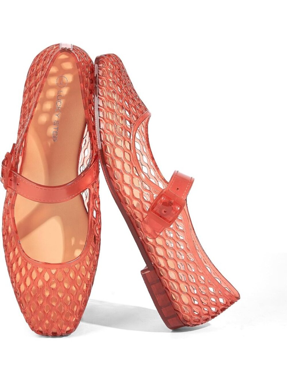 Women's Red Comfortable Jelly Ballet Buckle Strap Mesh Clear Beach Flats Sandals